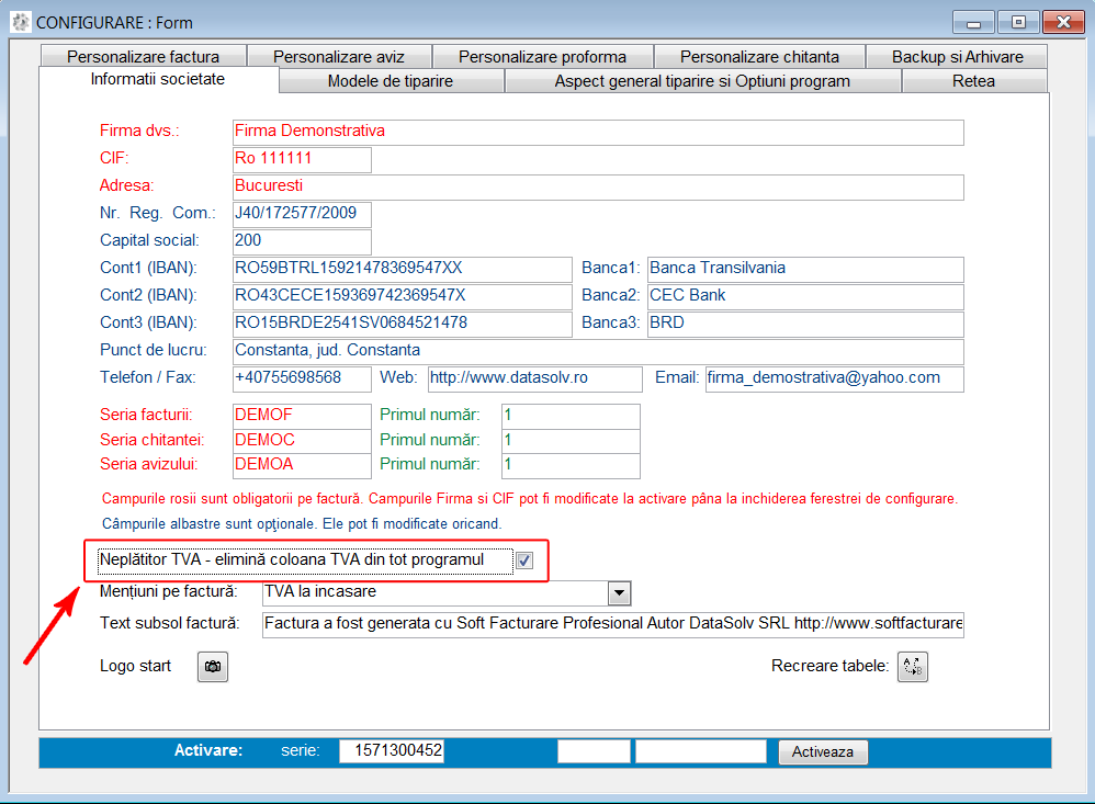 Program facturare - ecran de configurare neplatitori TVA