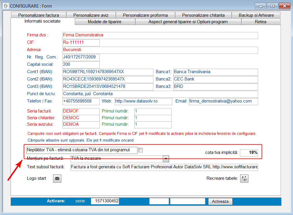 Program facturare - ecran de configurare platitori TVA